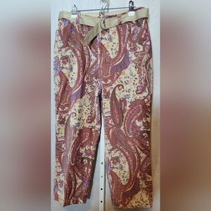 Kate Hill Mauve Cream Paisley Cotton Velvet Pants with Ribbon Belt size 10